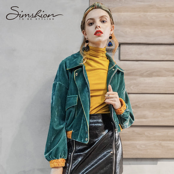 Simshion Women Velvet Jackets Coats Autumn Winter Fashion Vintage Short Coats Outwear Clothes Green One Size